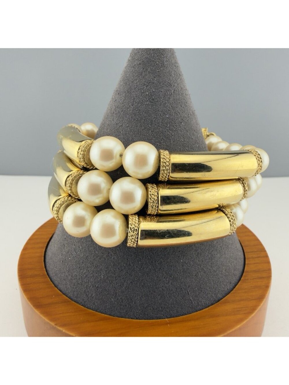 Vintage Faux Pearl Bracelet Multi Strand Gold Tone Bars Statement Chunky 6.75”